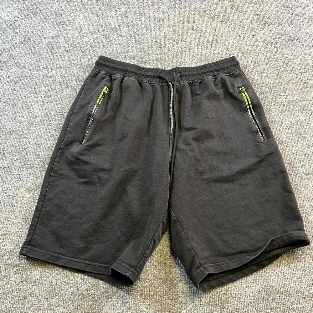 Mens Sweat Shorts Large Black Cotton Athletic Zip Pockets Mid Rise Gym Workout